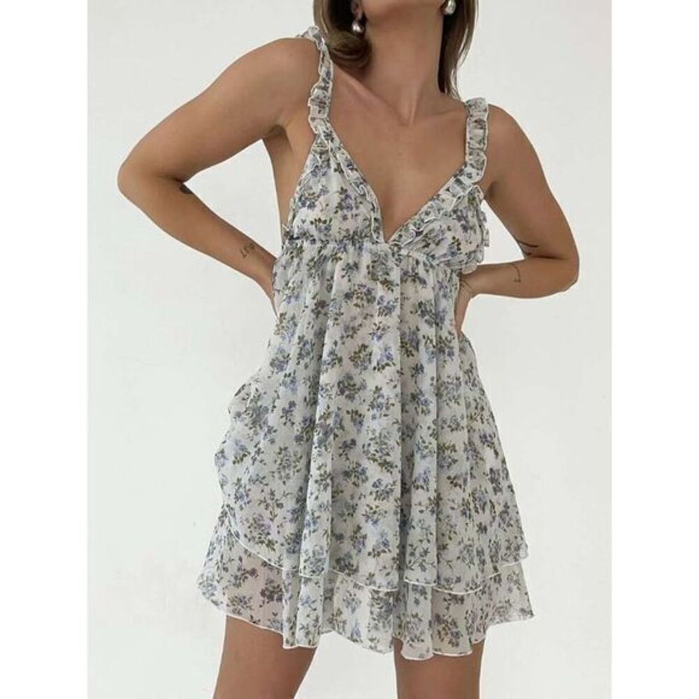 Commense Chiffon Mini Dress V-Neck Ruffle Tiered‎ Summer Party Cocktail Sundress